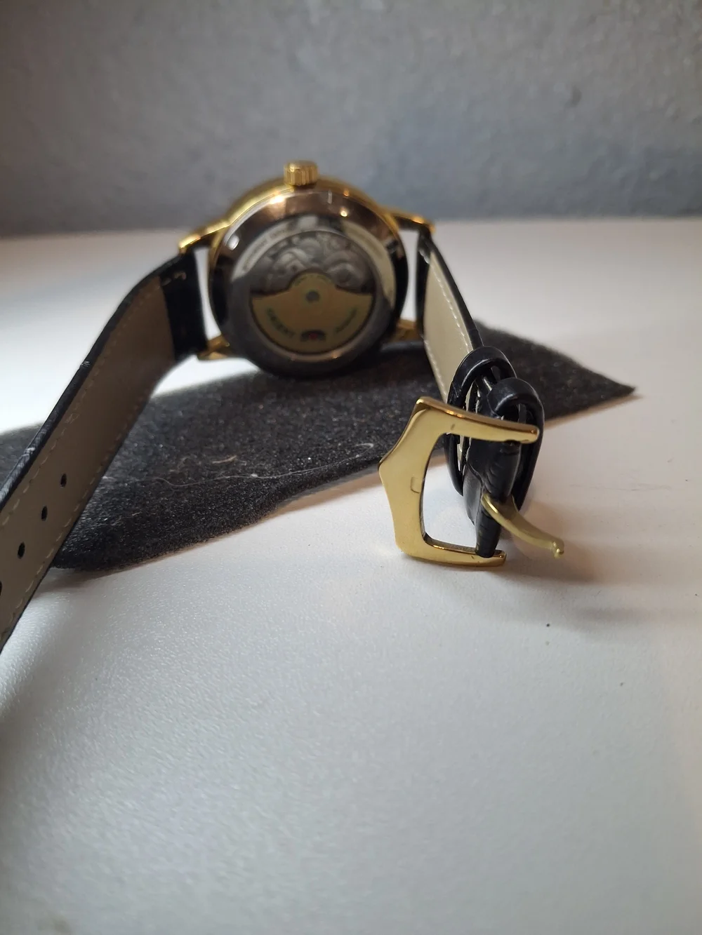 Orient Men’s Gold Case Black Leather Watch with White Dial